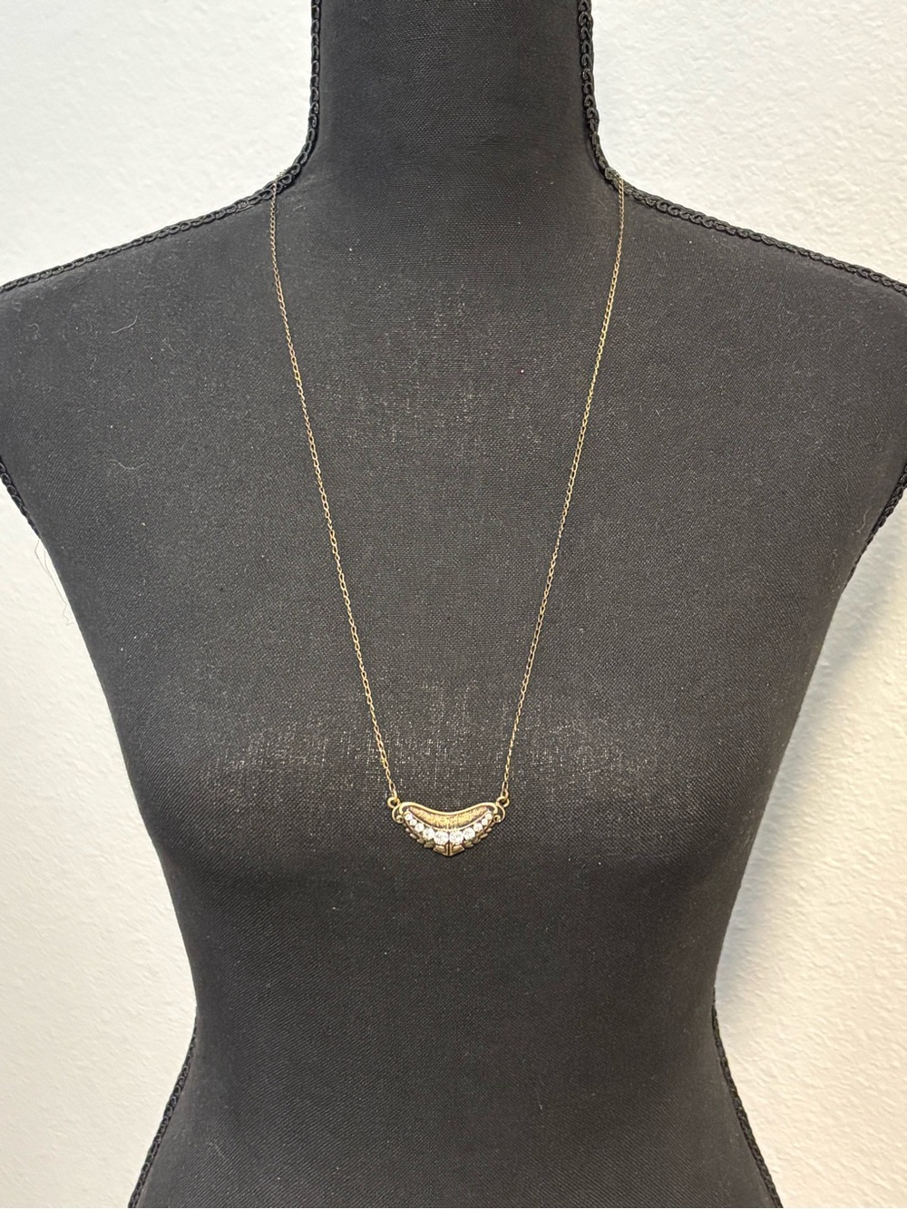 J.Crew Antiqued Brass-Tone Crystal Crescent Pendant Necklace 26”